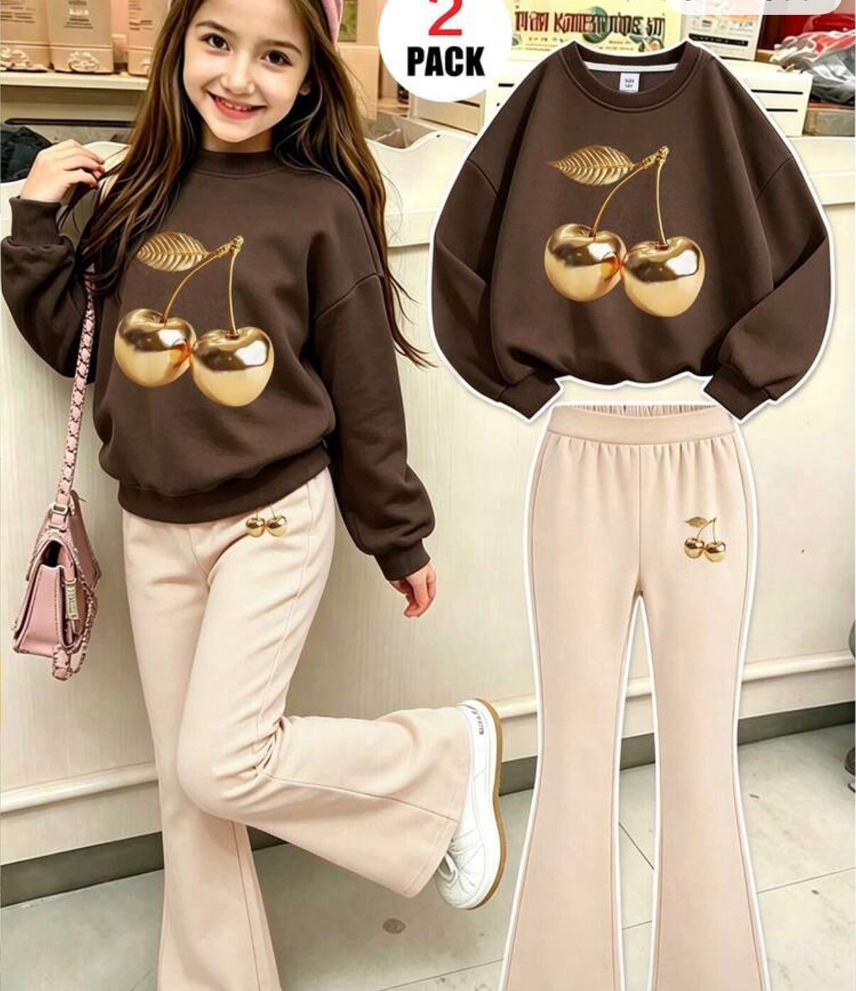 stuks/set Meisjes Sweatshirt met kersenprint, ronde hals maat 4y