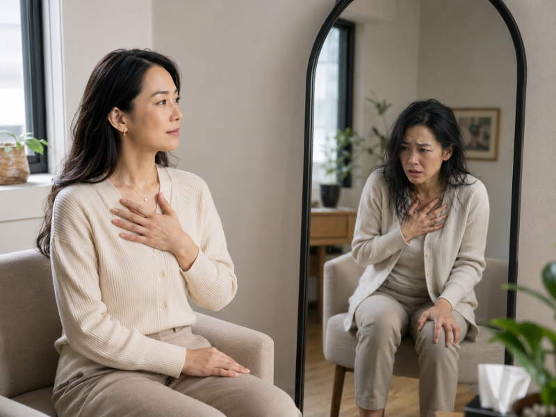 A calm Asian adult woman sitting near a mirror, one hand resting over the chest and the other relaxed on the lap. Face looks thoughtful rather than distressed. In the mirror - a different version.  the anxious version - different posture, less put-togethe