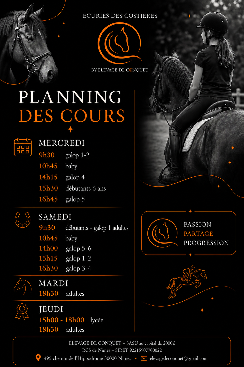 Planning des cours | Centre equestre es costières | Nîmes | Poney Club | Equitation