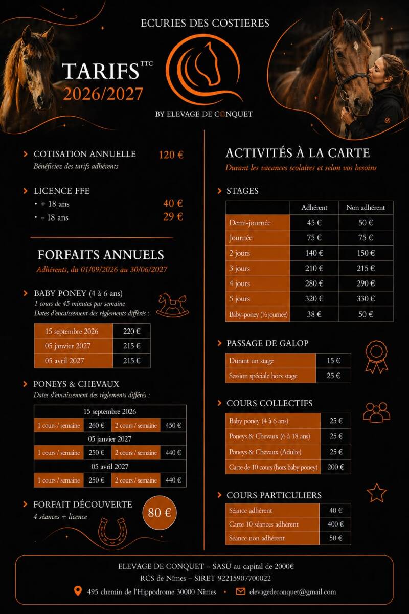 Tarifs | Ecuries des Costières | Centre équestre | Nîmes 