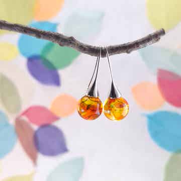 Trompet oorbellen met transparante geel en oranje glasbolletjes -2
