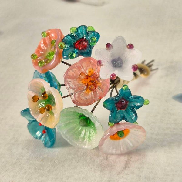 Tien bloemetjes  - zeegroen (teal)/roze/wit