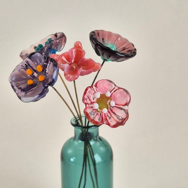 Vijf glasbloemetjes  - roze/paars-2