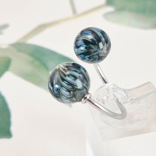 Verstelbare ring met 2 glasbolletjes, transparant glas met blauw/groen/grijs/zwart