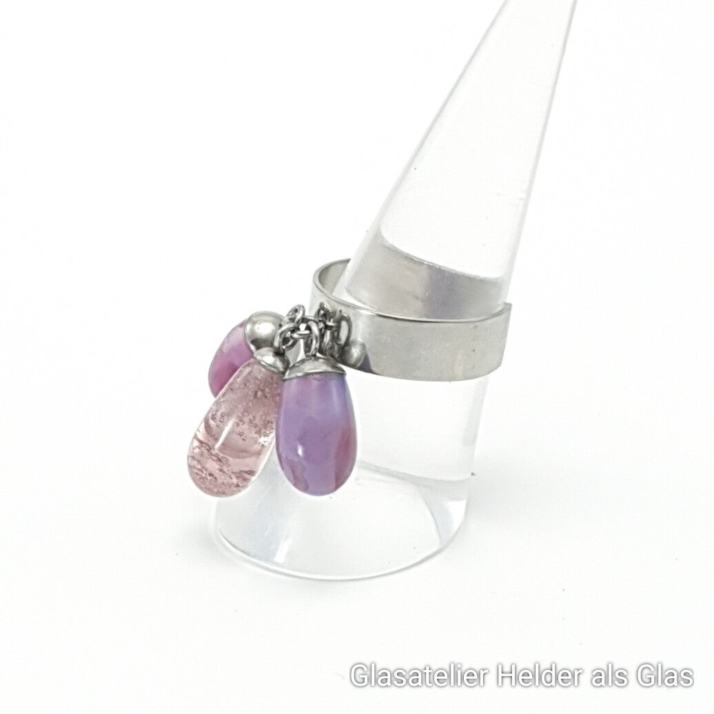 Verstelbare open ring met 3 glasdruppels, roze/paars