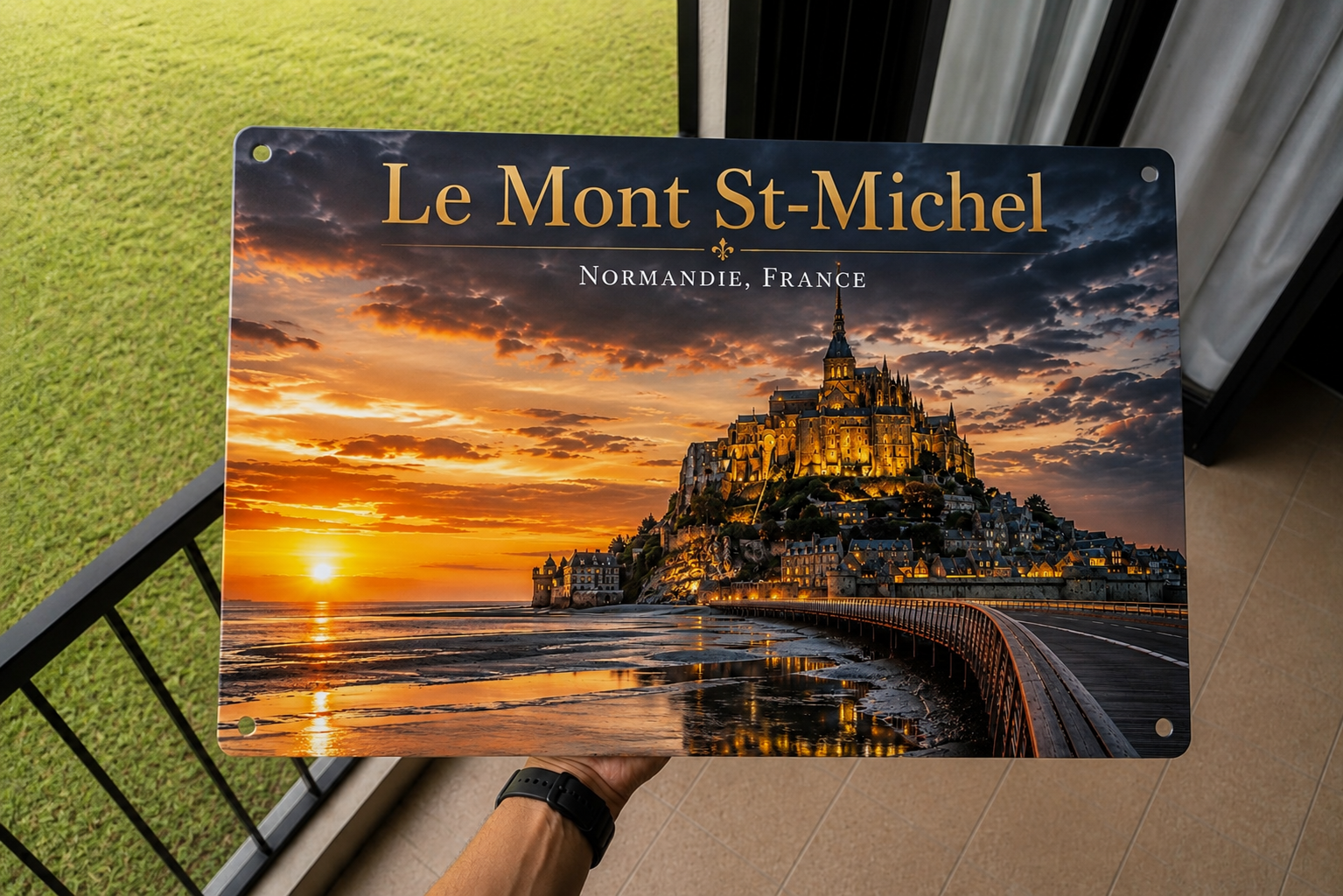 Le Mont-Saint-Michel au coucher du soleil – un panorama emblématique de la Normandie.