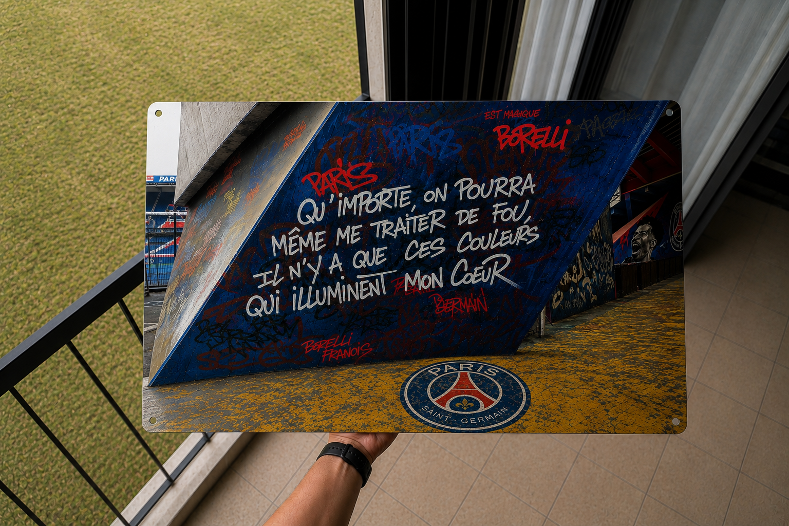 L’âme des tribunes parisiennes – une création urbaine inspirée par la passion et les couleurs de Paris.