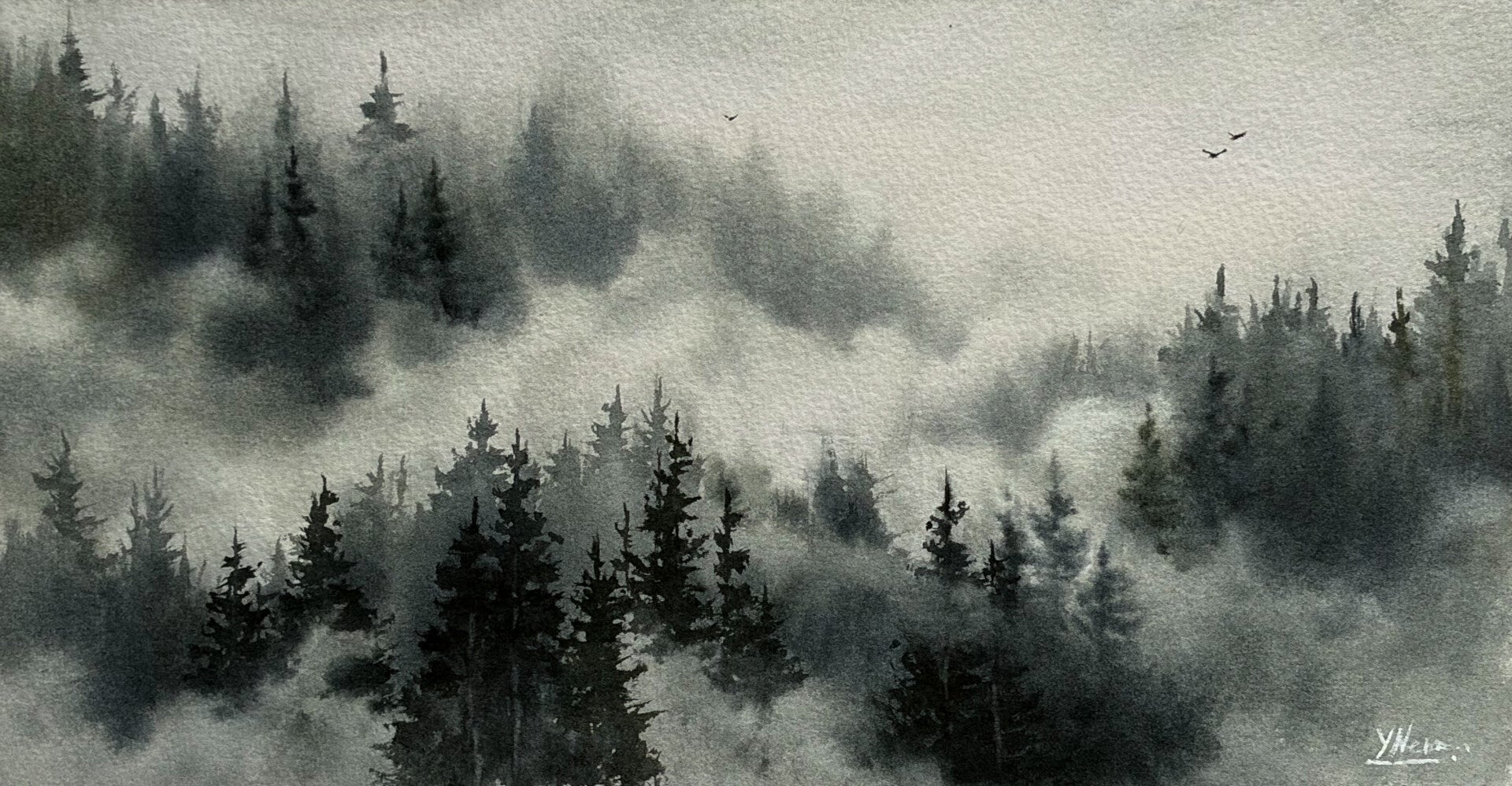 Aquarellbild - Nebelwald