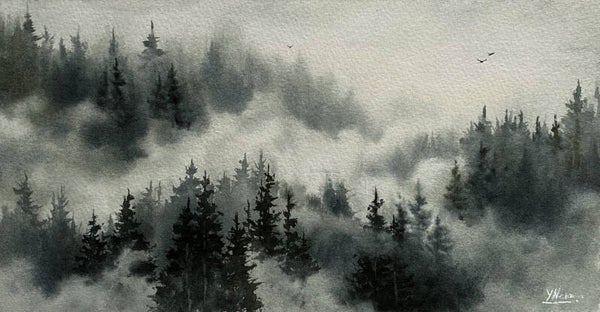 Aquarellbild - Nebelwald