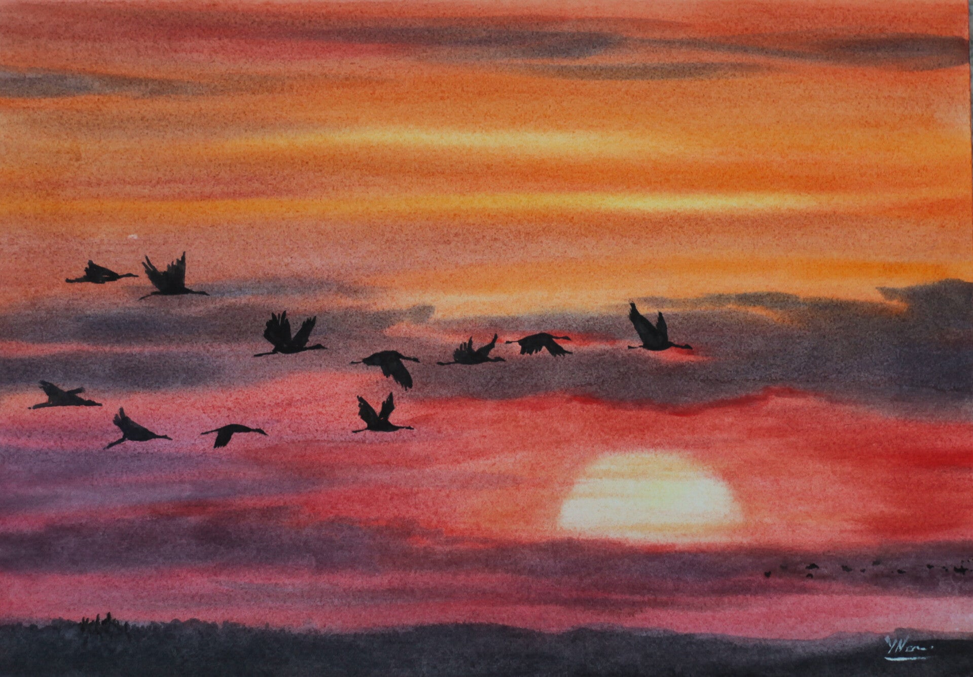 Aquarellbild - Der Zug der Kraniche