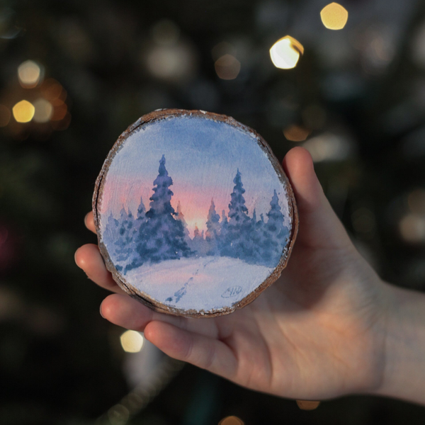 Handgemalte Holzscheiben Aquarellbild Winterwald Magnet 8 cm