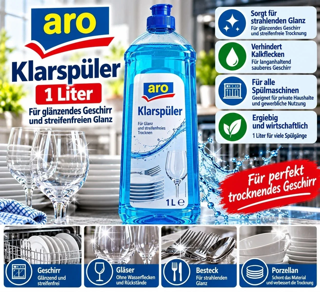 ARO Klarspüler 1 Liter – Klarspülmittel für Geschirrspüler Spülmaschine