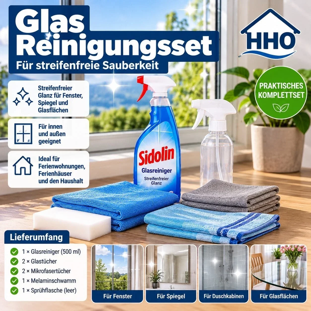 Glas Reinigungsset Fenster Spiegel Glasreiniger Glastücher Ferienwohnung