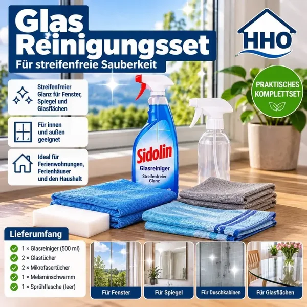 Glas Reinigungsset Fenster Spiegel Glasreiniger Glastücher Ferienwohnung