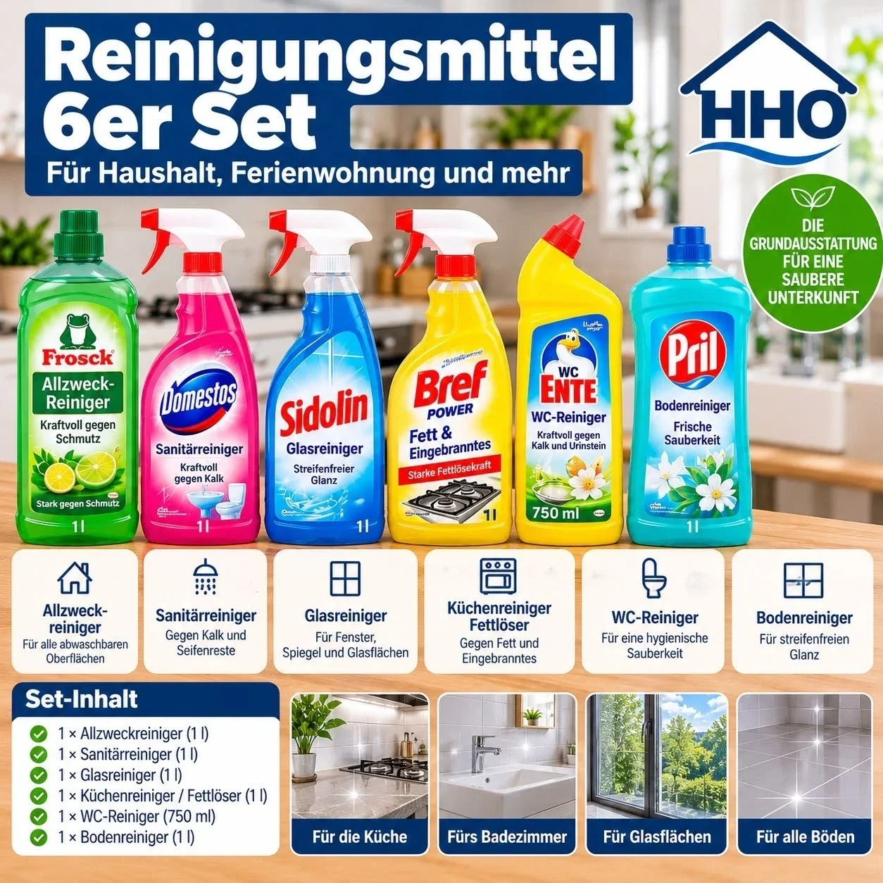 Reinigungsmittel Set 6er Haushalt Ferienwohnung Allzweck Sanitär Glas Küche Bad