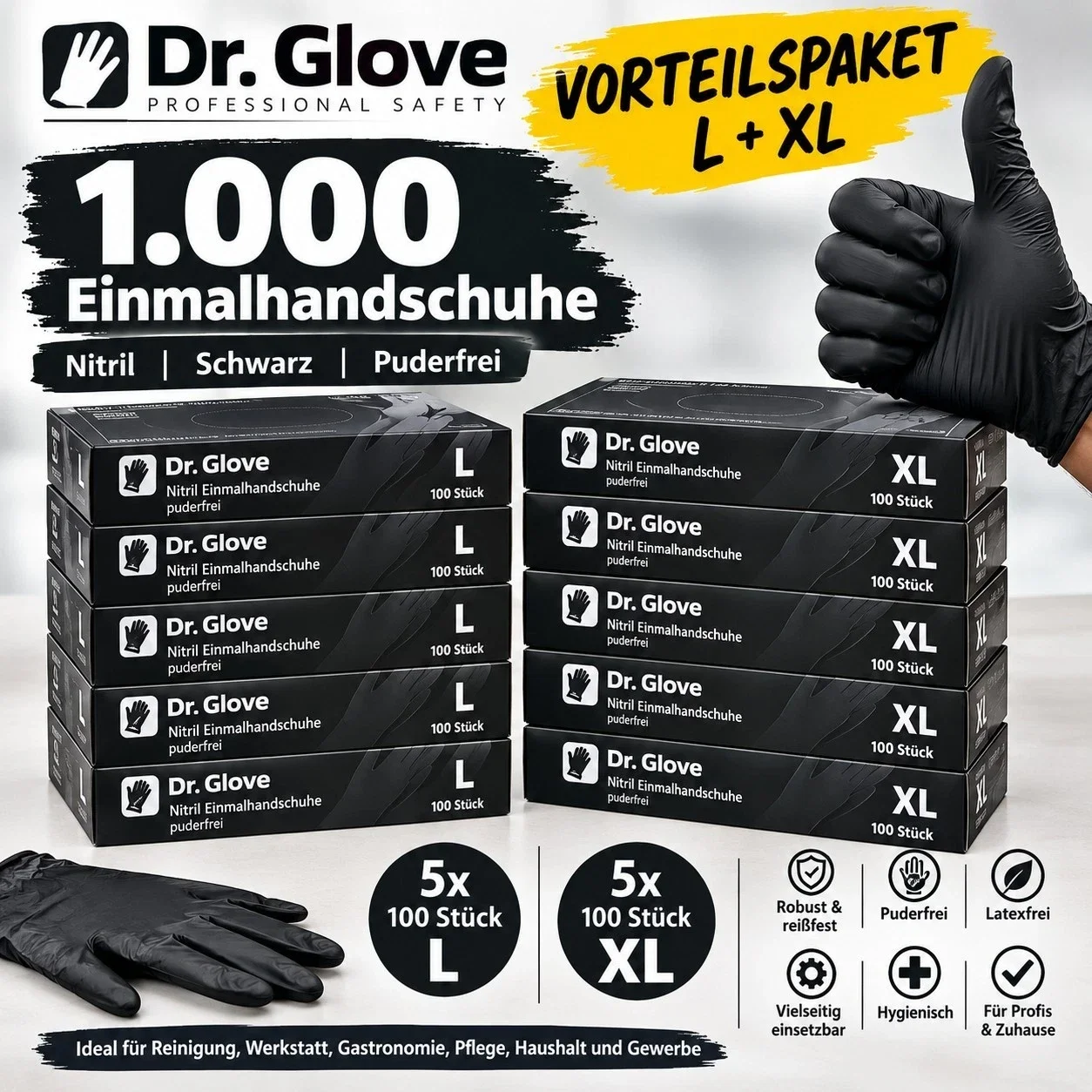 1000x Dr. Glove Nitril Einmalhandschuhe Schwarz L + XL Puderfrei