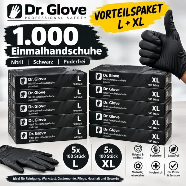 1000x Dr. Glove Nitril Einmalhandschuhe Schwarz L + XL Puderfrei