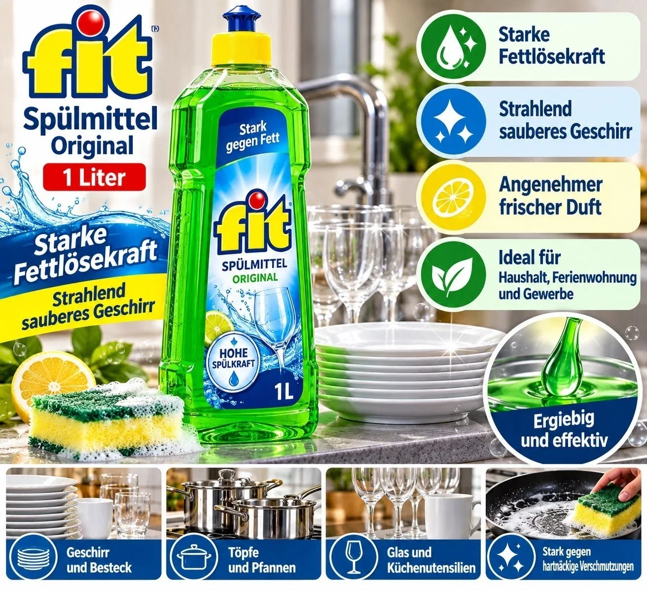 fit Spülmittel Original 1 Liter – Geschirrspülmittel Spülmittel Küche
