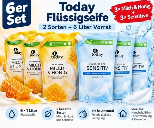 6x Today Flüssigseife 1L Set Milch & Honig + Sensitive 6 Liter