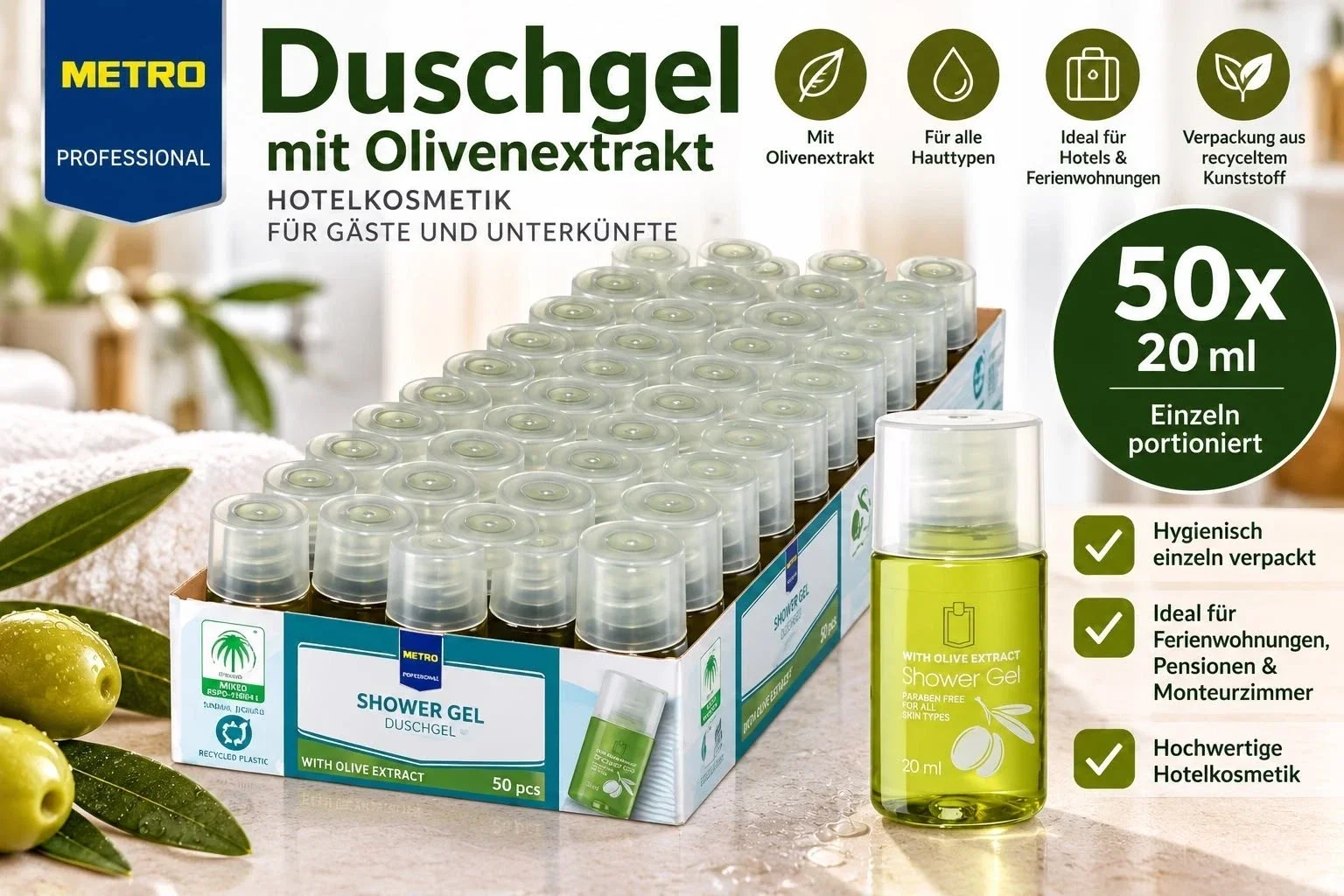 50x METRO PROFESSIONAL Duschgel Oliva 20ml Hotelkosmetik Ferienwohnung
