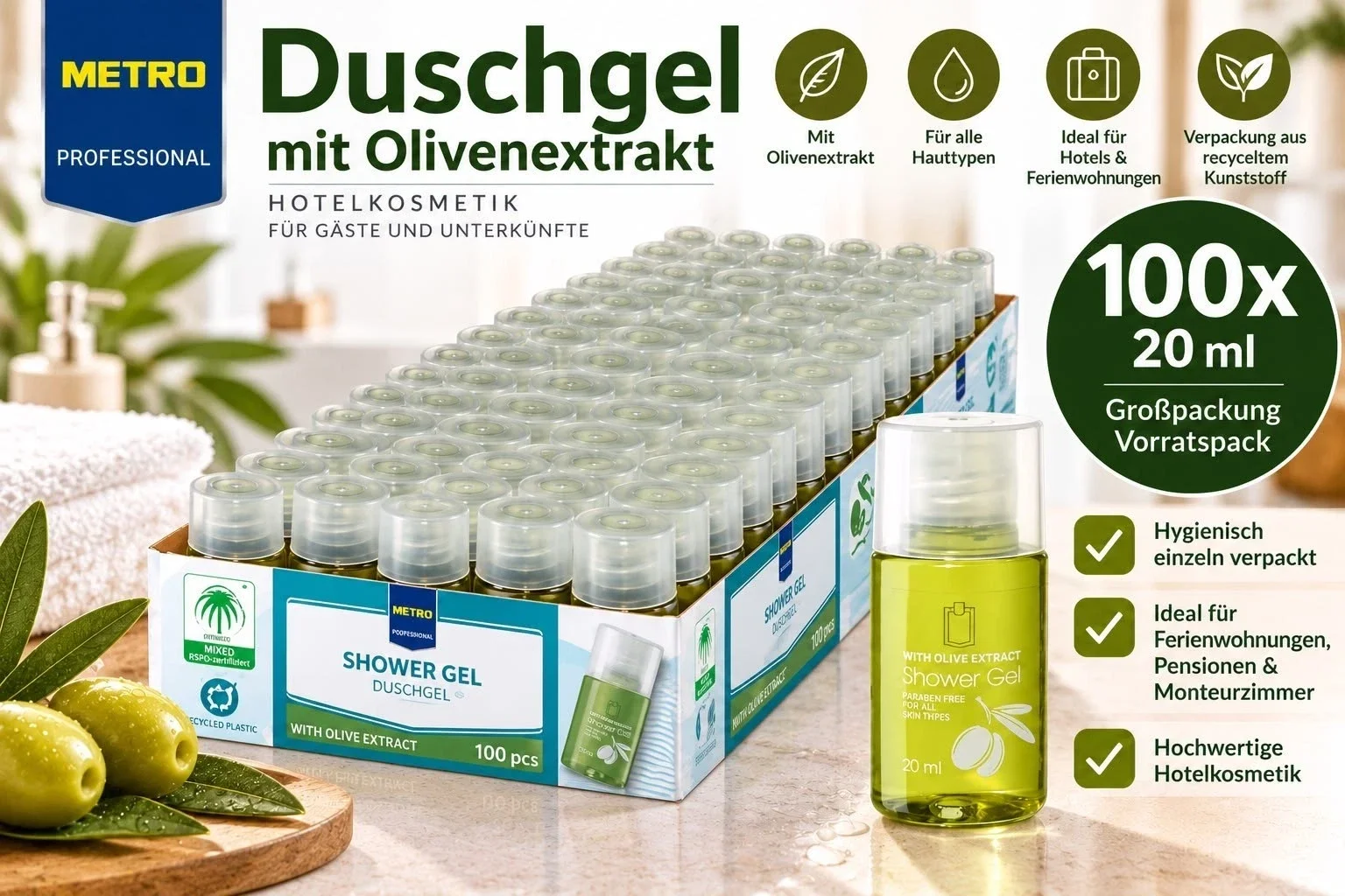 100x METRO PROFESSIONAL Duschgel Oliva 20ml Hotelbedarf Ferienwohnung
