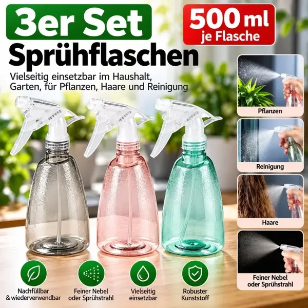 3x Sprühflasche 500ml Zerstäuber Sprüher Pflanzensprüher Reinigungsflasche
