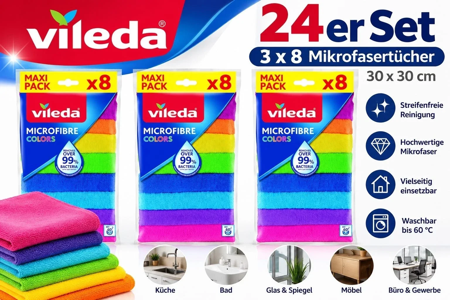 3 × Originalpackung à 8 Mikrofasertücher | insgesamt 24 Tücher
