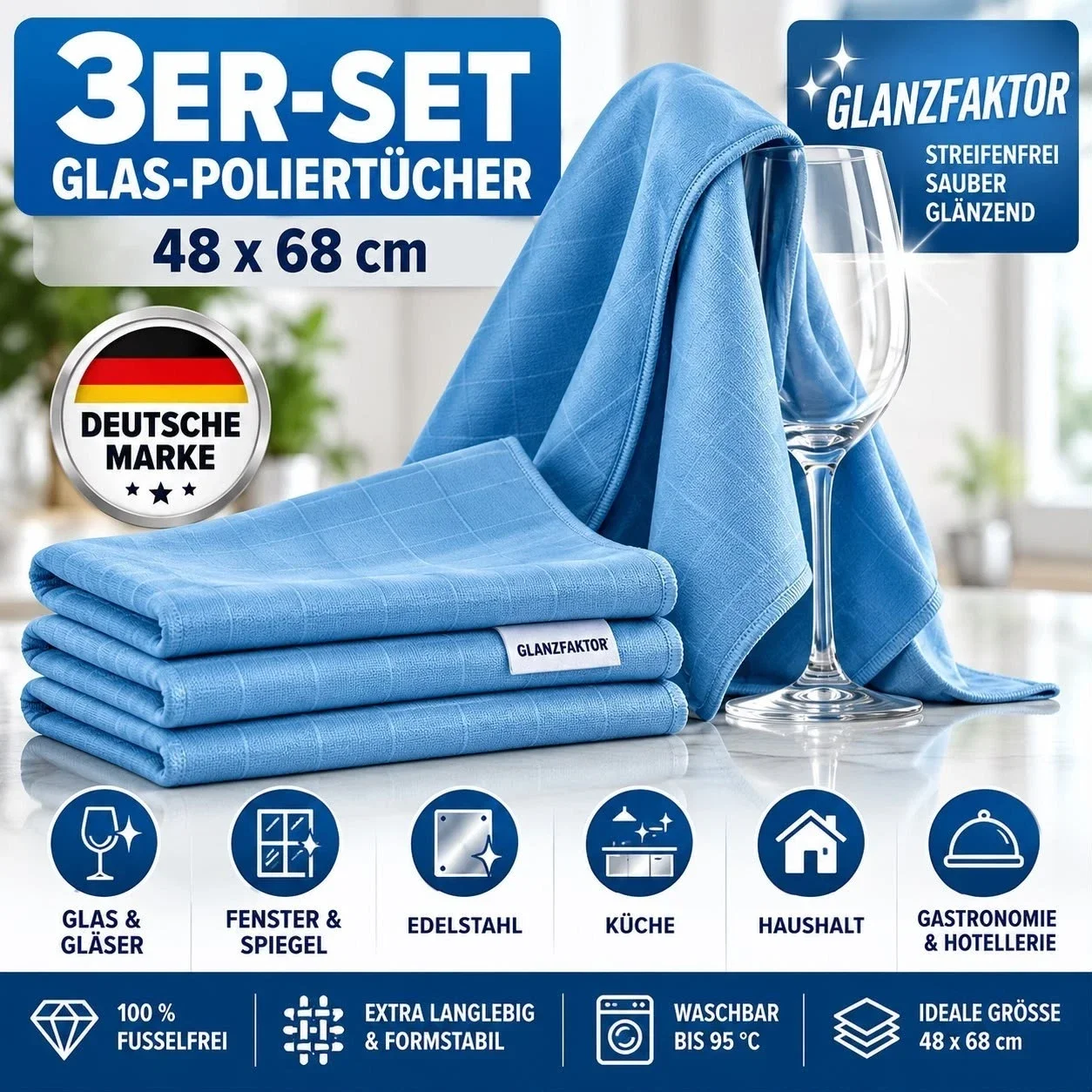 3er Set Glas Poliertücher 48x68 cm – Mikrofasertuch Glastuch Fenstertuch Profi