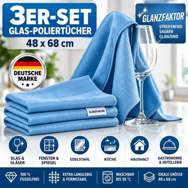 3er Set Glas Poliertücher 48x68 cm – Mikrofasertuch Glastuch Fenstertuch Profi