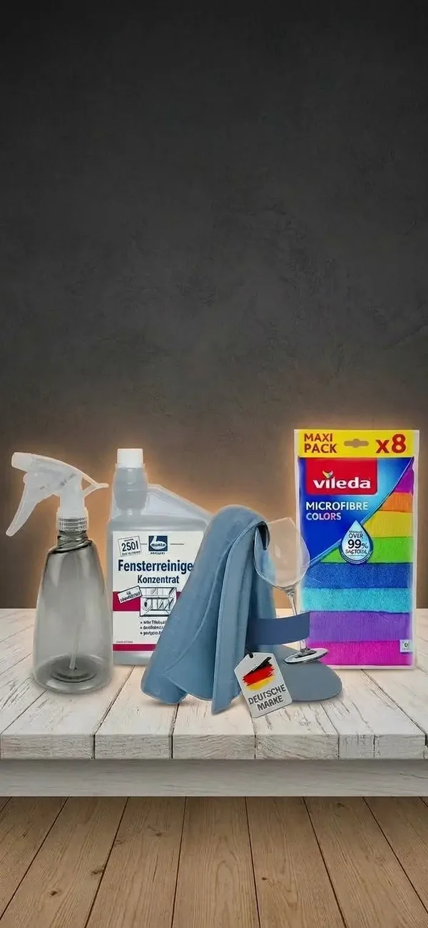 Reinigungsset XXL: Fensterreiniger Konzentrat, Vileda Tücher, Poliertuch