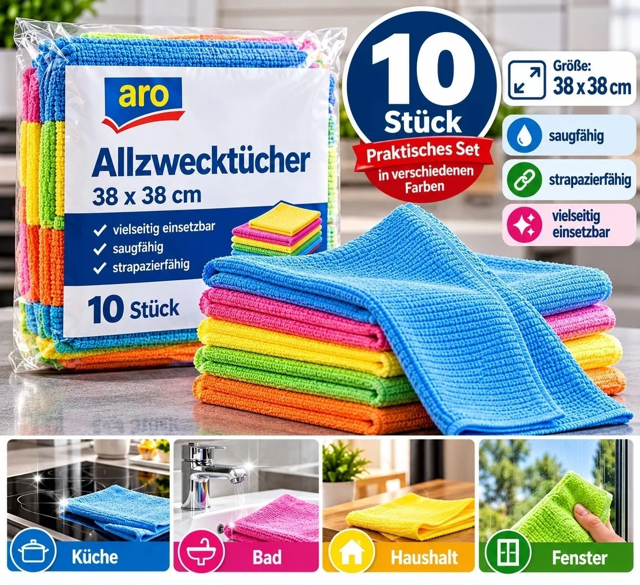 ARO Allzwecktücher 38 × 38 cm – 10er-Pack