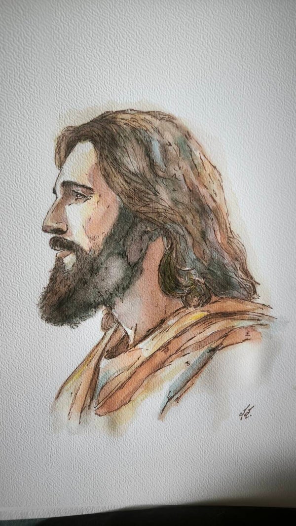 Aquarelle . Jésus portrait . Lumière Christique