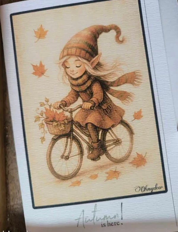 Hazel . Carte double et son marque-page assorti. La bicyclette