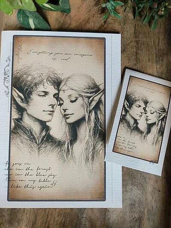 Carte double+ marque-page. Couple Elfes