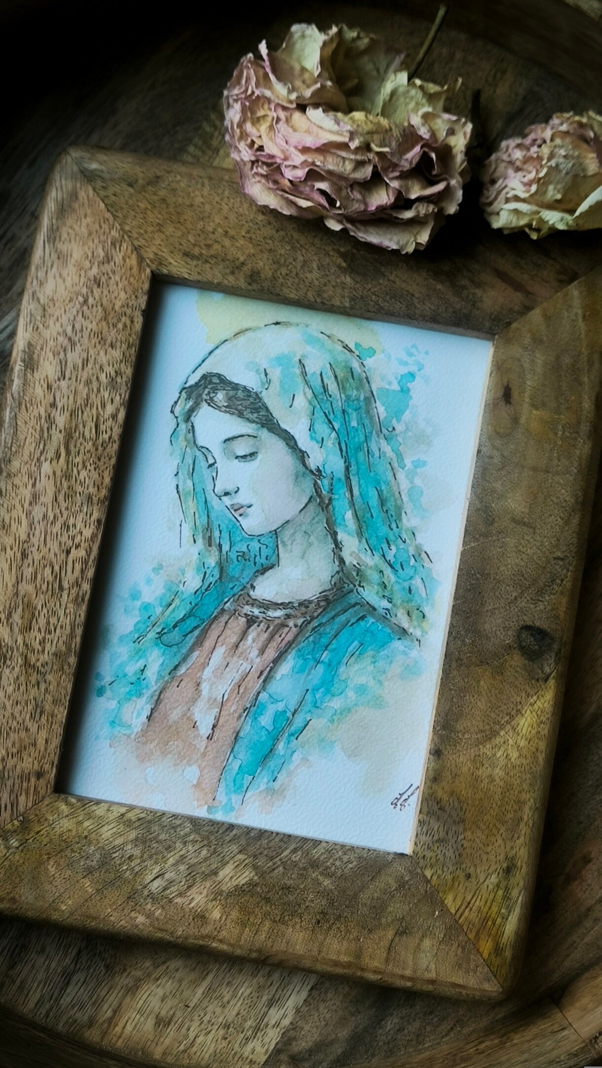 Aquarelle. Marie . Cadre bois