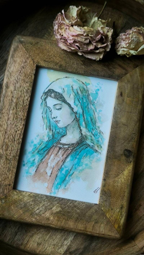 Aquarelle. Marie . Cadre bois