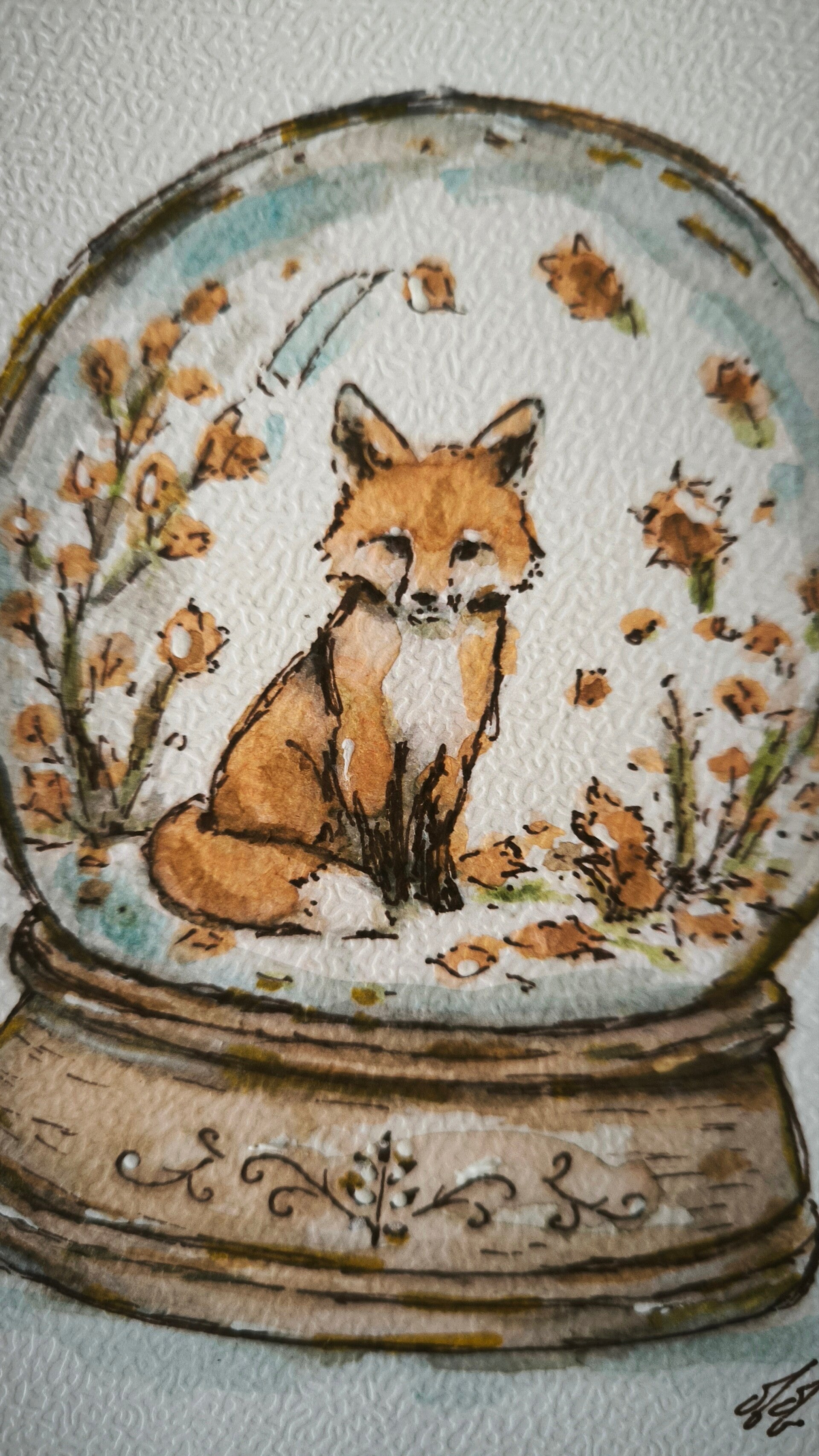 Aquarelle. Boule à neige. Le renard