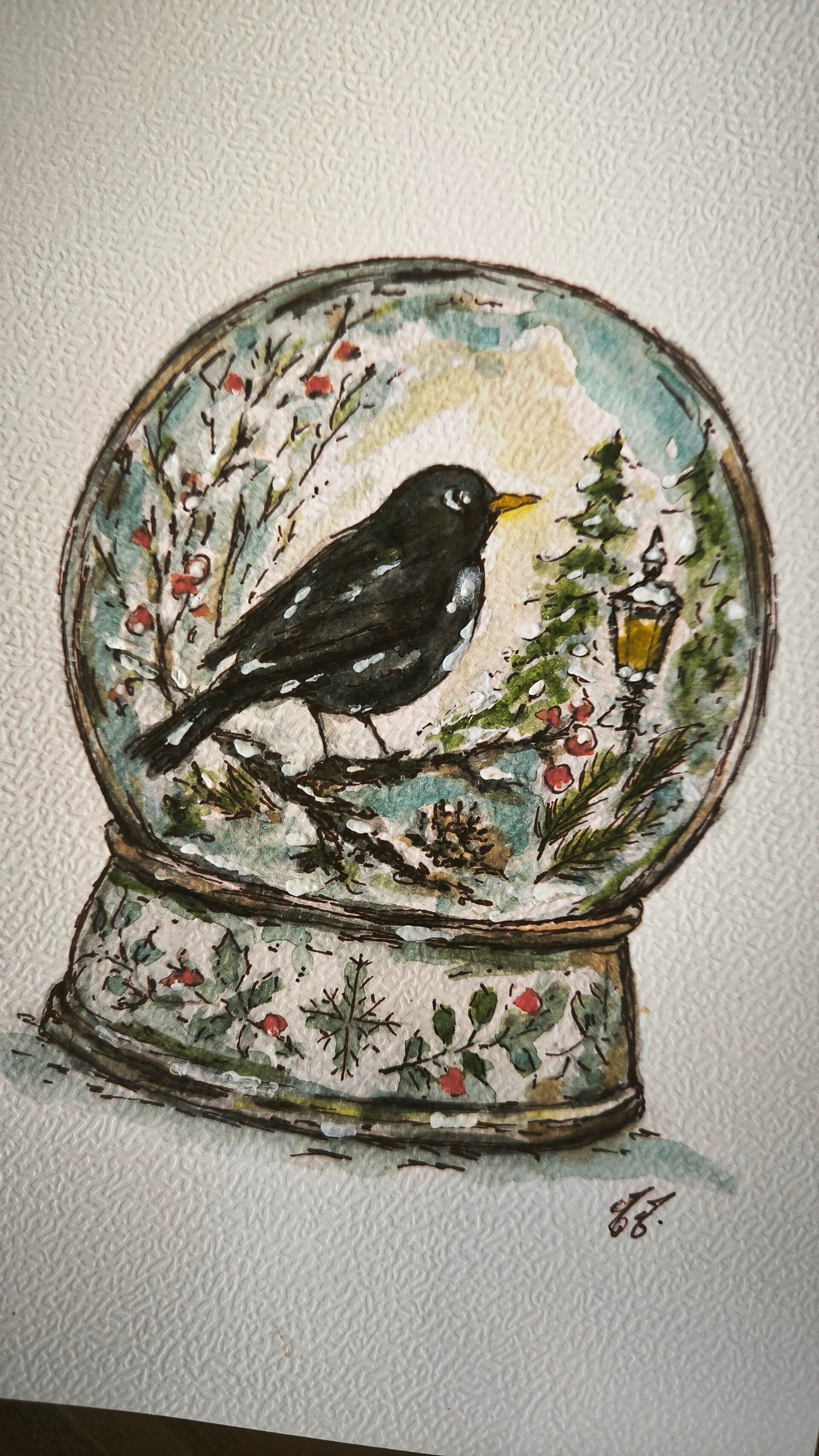 Aquarelle. Boule à neige. Le merle