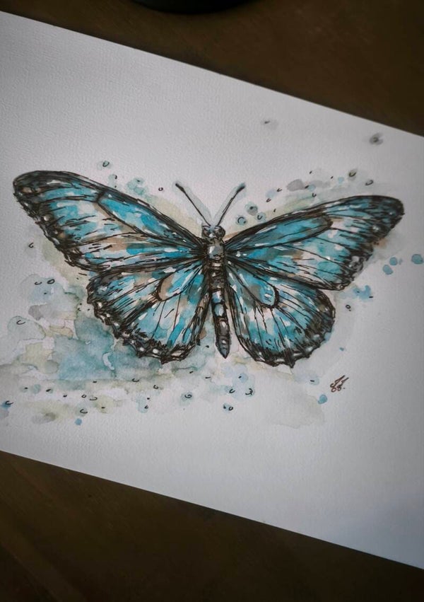 Aquarelle. Le papillon bleu