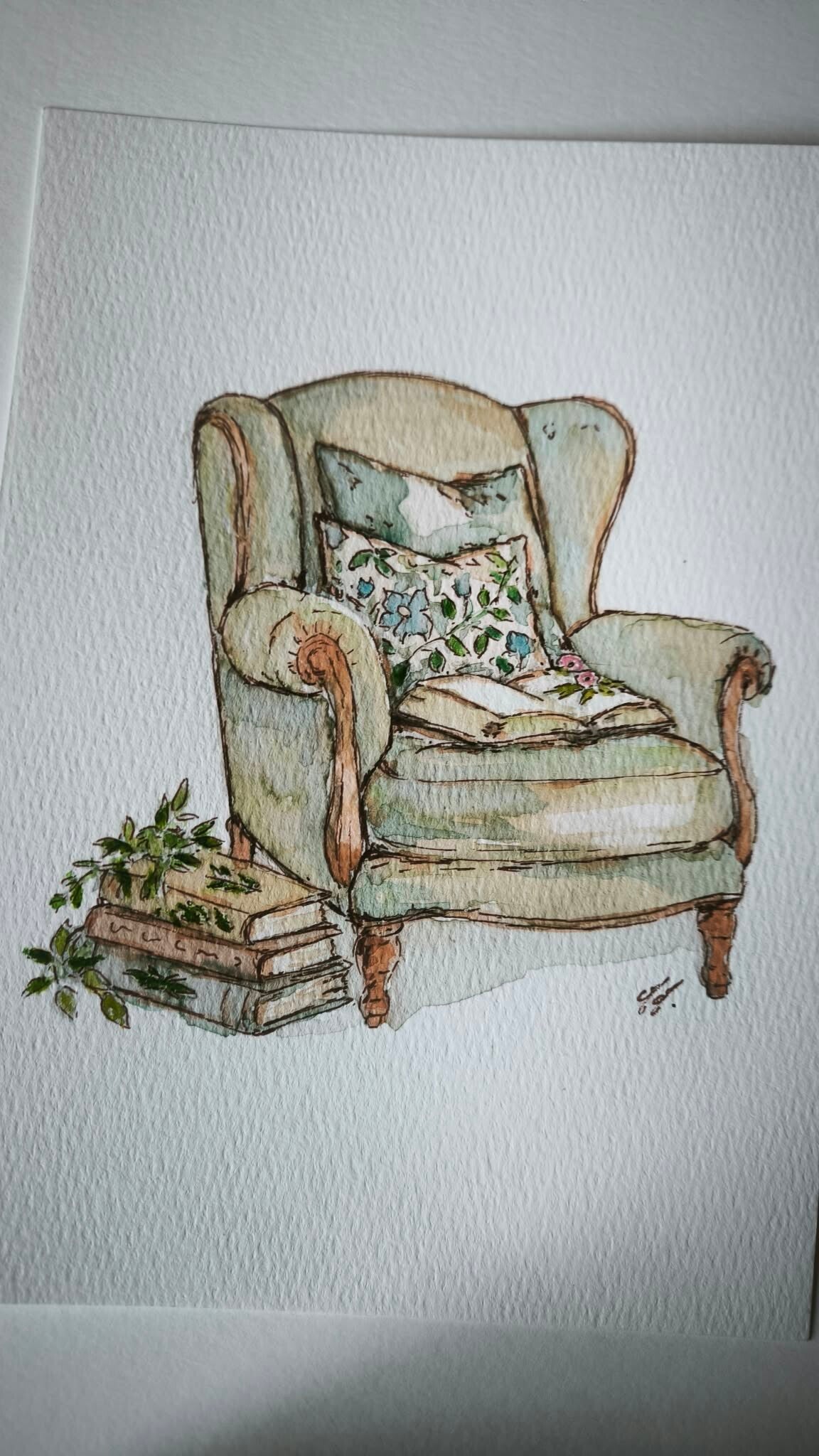 Aquarelle. Fauteuil le coin lecture