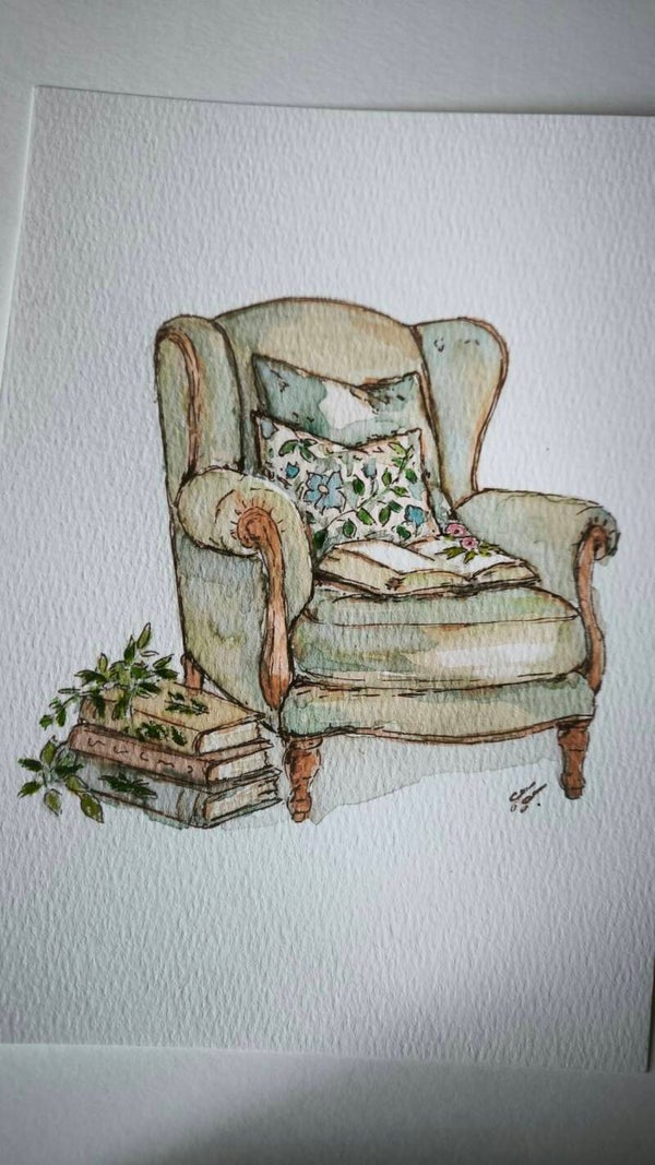 Aquarelle. Fauteuil le coin lecture