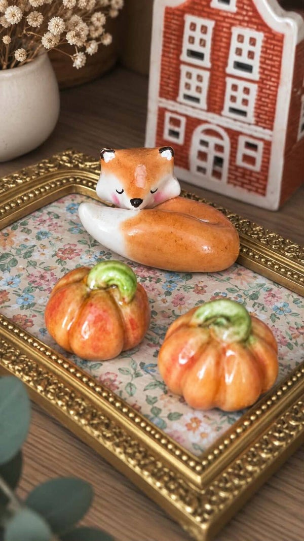 Figurine renard endormi et ses 2 citrouilles