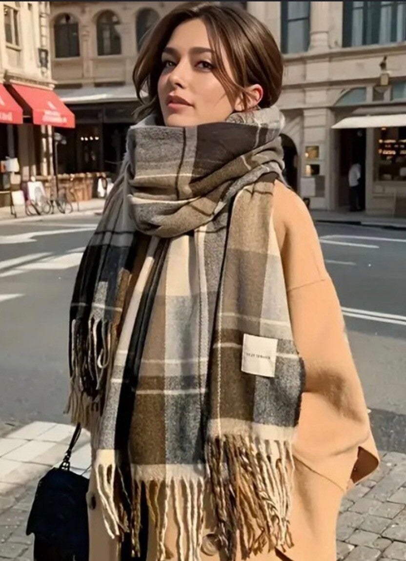 Klassieke Schotse ruit Sjaal Bruin tinten - Beige - Off - White Stola - Omslagdoek - Ruit - Plaid - Stijlvolle Accessoire - Trend Herfst - Winter
