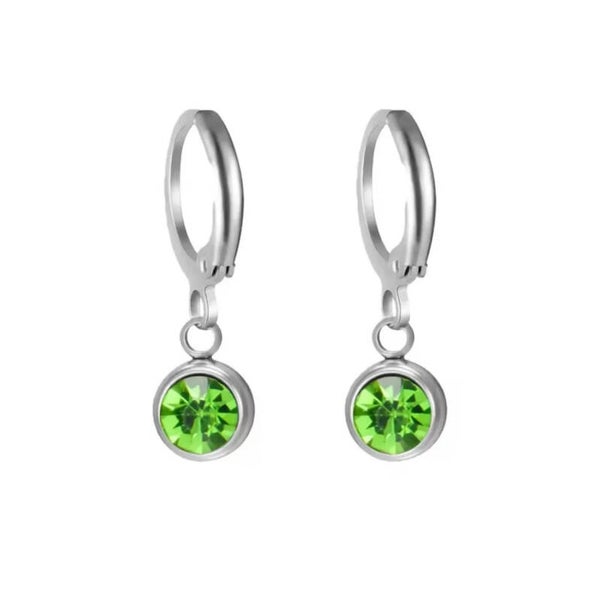 Ring oorbel zilver met fel groen steentje