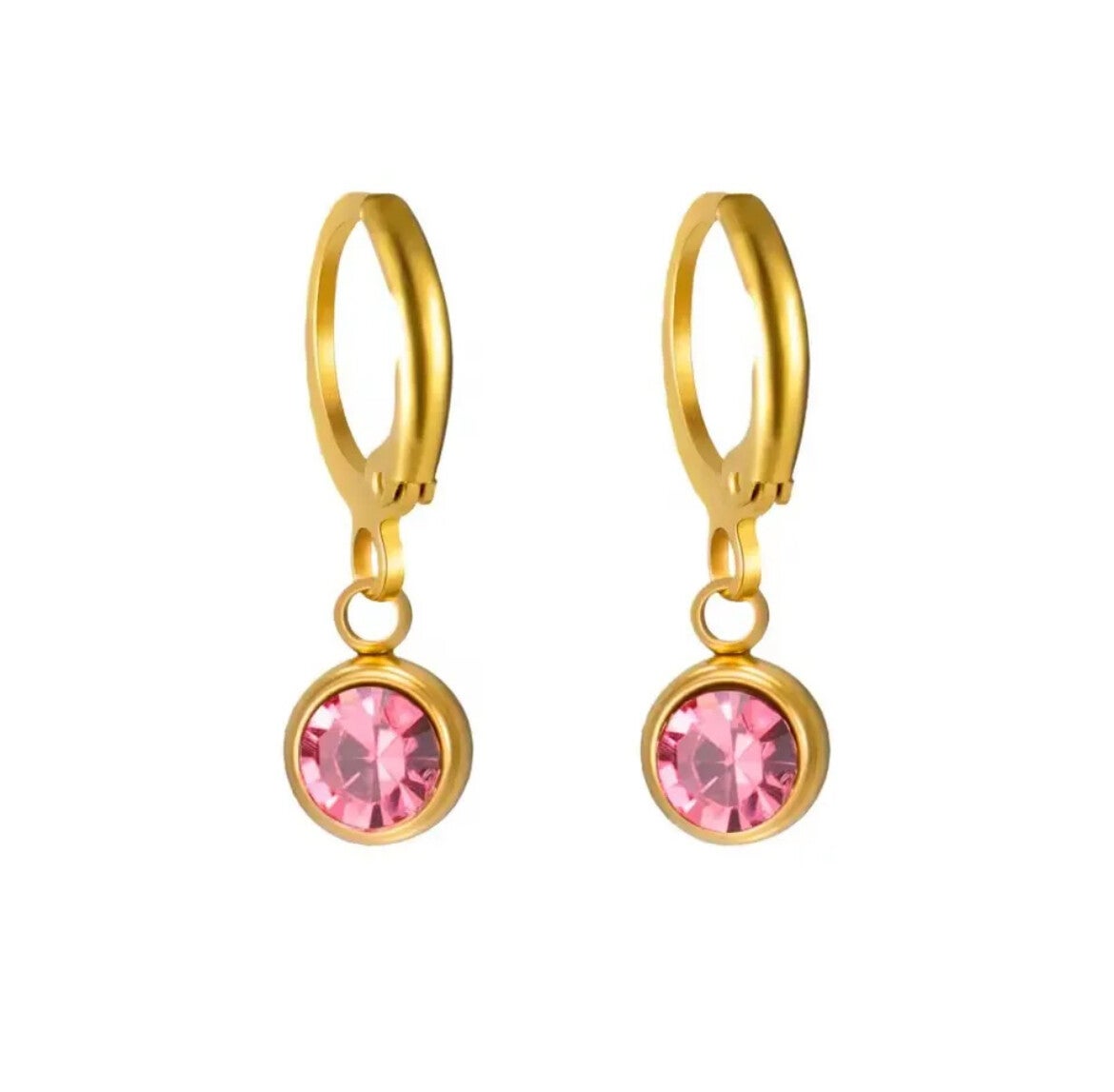 Ring oorbel goud met fel roze steentje