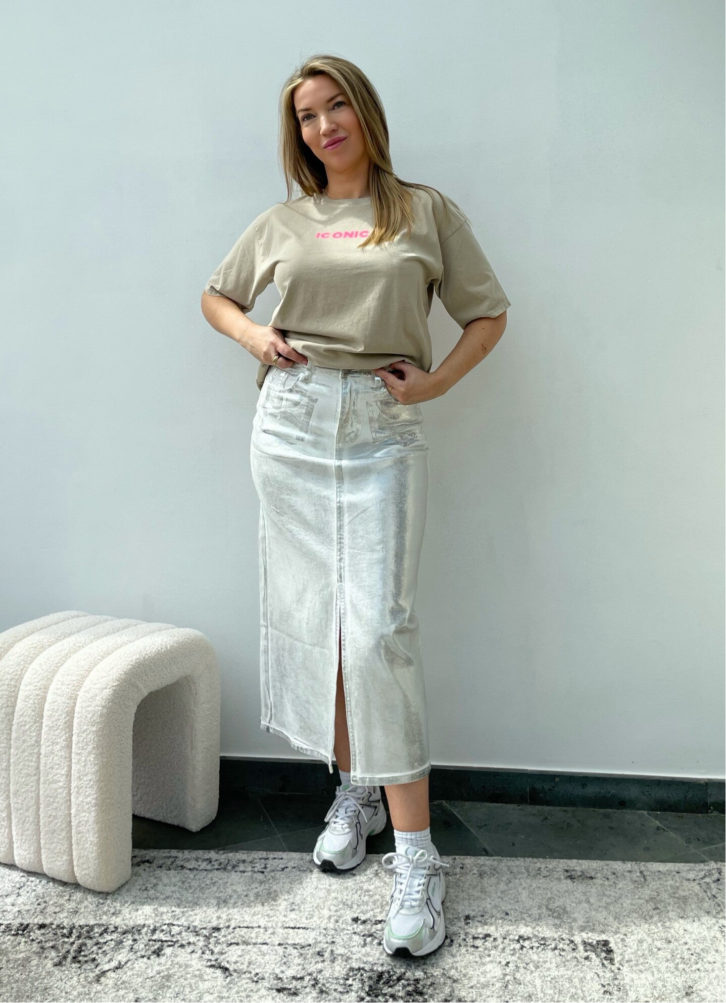 Witte metallic jeansrok met stretch