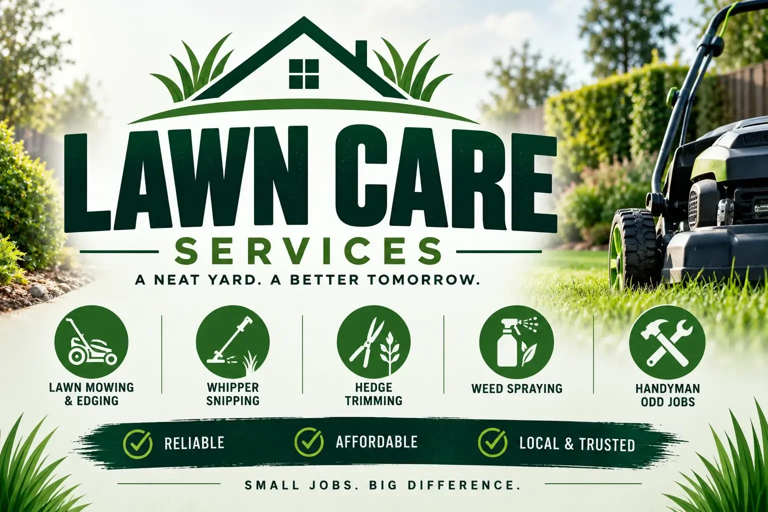 lawn care services offered by trim it maintenance including mowing, edging, hedge trimming, weed spraying, and general handyman odd jobs.