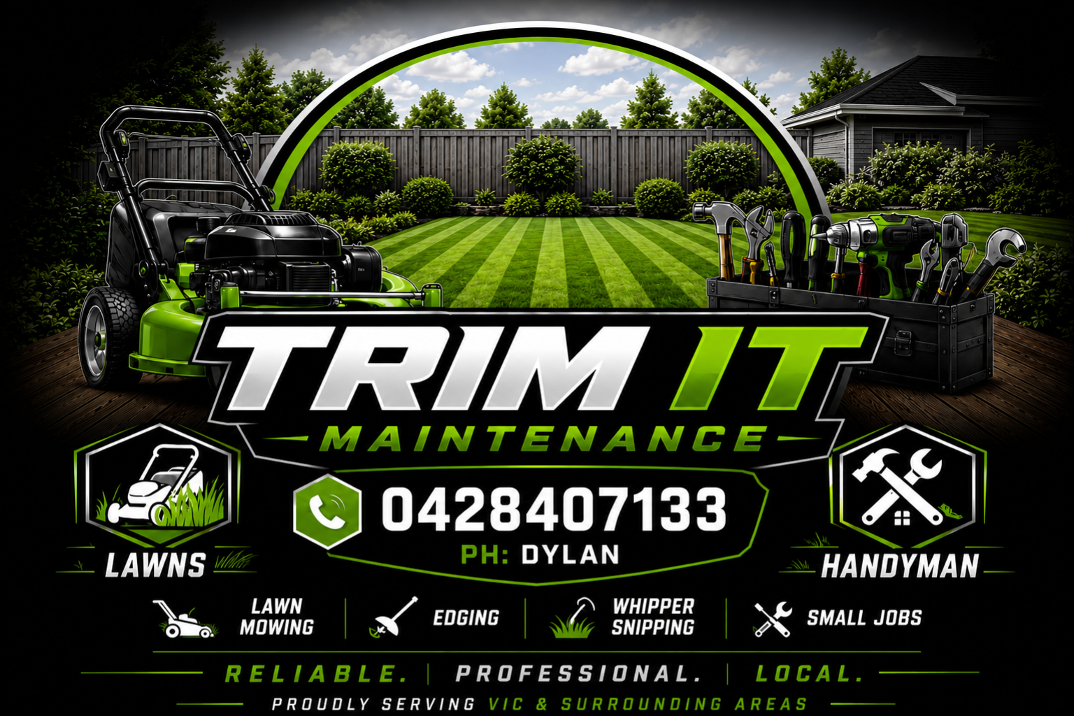 trimit maintenance logo featuring lawn mowing and handyman services in sale, victoria.