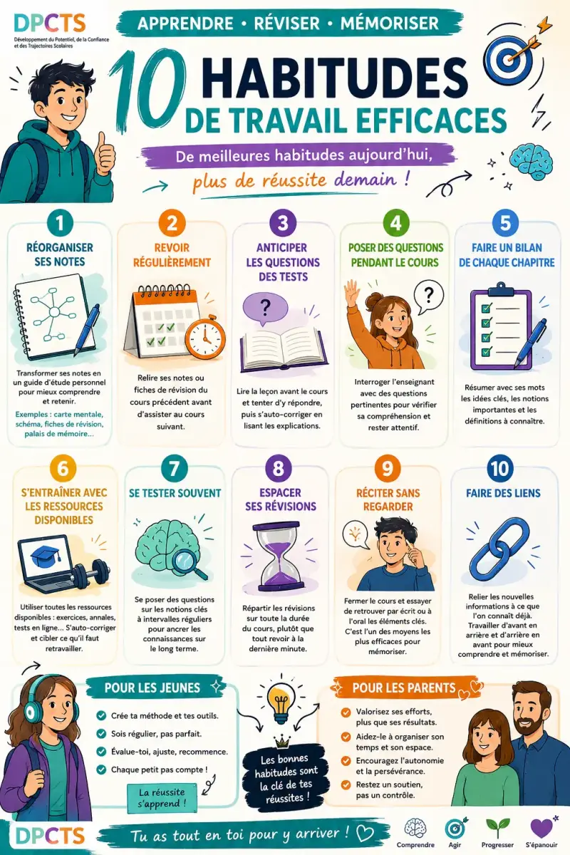 10 habitudes de travail efficaces pour aider les adolescents à apprendre, réviser, mémoriser et réussir, avec des conseils pratiques pour les parents.