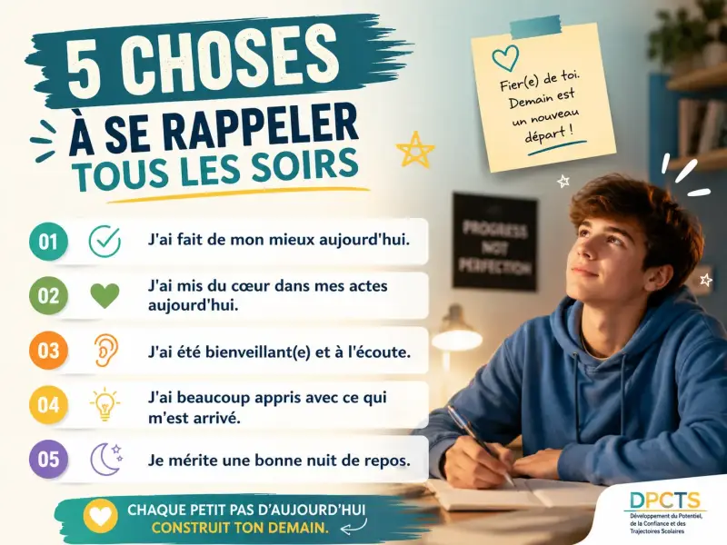Prendre une minute avant de dormir pour reconnaître ses efforts, ses progrès et ce que l'on a appris aide à développer la confiance en soi, le recul et un état d'esprit de progression. Une routine simple pour terminer la journée de façon plus sereine.